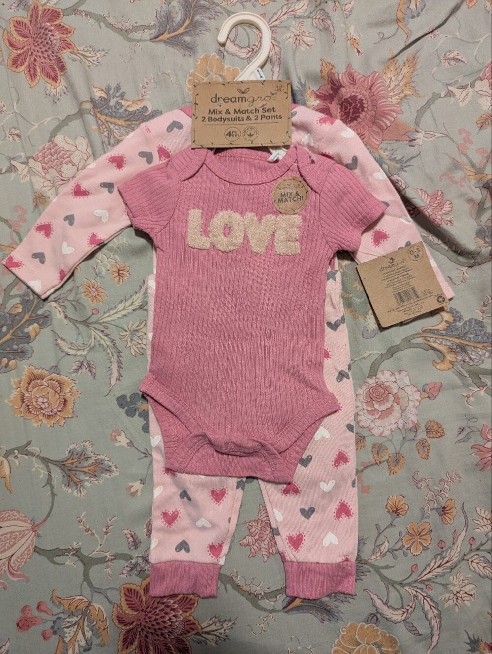NWT Dream Gro Two (2) Sets Love Heart Pink Baby Girl Outfit 0-3m